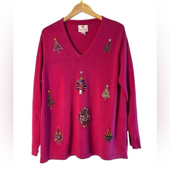 Quacker Factory V Neck Christmas Sweater Rhinestones Long Sleeve Size Large - Picture 1 of 5